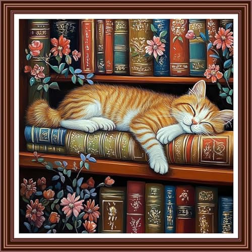 Dimensean Counted Cross Stitch Kit for Beginners, 11CT Unprinted Cross-Stitch Kit Easy Patterns Needlepoint Kit Cross Stitching Embroidery Kit Supplies-Bookshelf Cat 18x18 inch - color: ColorDIY04