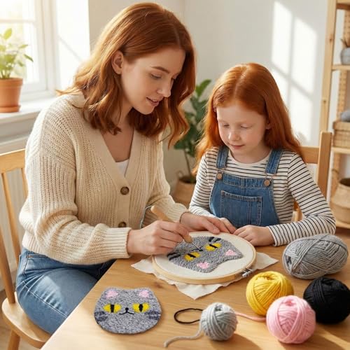 HGUANGJ Punch Needle Kit for Beginners Adults, Cat Coasters Kit with Adhesive Felt, Yarns, Embroidery Hoop for DIY Craft