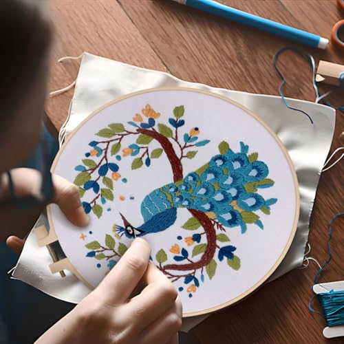 Embroidery Kit for Beginners, Needlepoint Kits for Adults with Peacock Stamped Pattern Hand Crafts, Adults Starter Cross Stitch Kit DIY Needlepoint with Hoop, Needles Stamped Patterns DIY Supplies - color: Peacock
