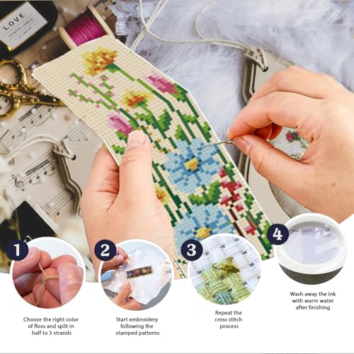 INFUNLY 6 PCS Wildflower Cross Stitch Bookmarks Kits Floral Counted Cross Stitch Bookmark Set with Embroidery Thread Needles, DIY Embroidery Bookmark Crafts Supplies for Adults Reading Book Lover Gift - style: Wildflower
