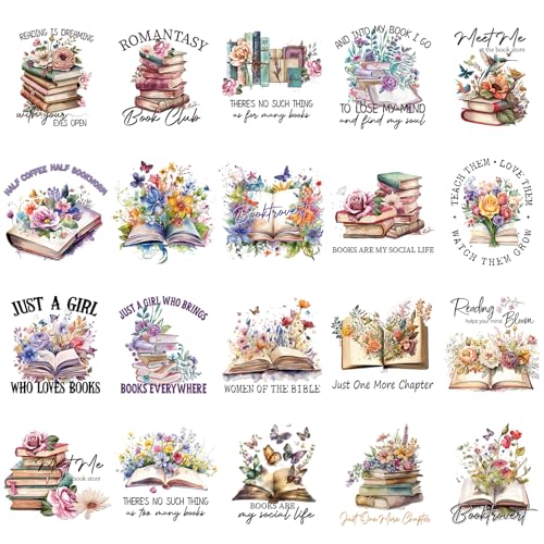 Dazoratix Book Lover Transfer Stickers - 20 Sheets Flower Iron on Transfers Heat Ready to Press Patches for T-Shirts Women Clothing Decals DIY Crafts Clothes Hat Pillow Backbpack Decorations Appliques - style: Book Lover-20PCs