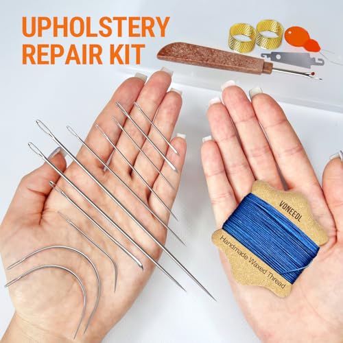 Upholstery Repair Kit: Waxed Sewing Thread (Blue Color) & Heavy Duty Needles (11 PCS) for Leather, Canvas & Quilting Thread - color: Blue