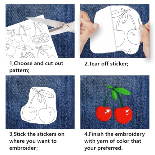 BENECREAT 4 Sheets Cherries Soluble Embroidery Stabilizers, 41pcs Fruit Embroidery Paper with Pre-Printed Sewing Embroidery Stabilizers for Embroidery Hand Sewing Lover Beginners - color: Cherries