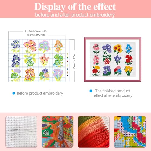 Zhenqing 12 Flowers Printed Cross Stitch Kit for Beginners - Complete Set with Pre-Printed 11CT Fabric, Threads & Needle (No Hoop Needed) (70297)