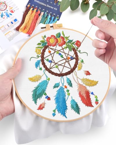 ERKOON Embroidery Kit for Beginners, Flower Cross Stitch Set for Include Embroidery Cloth Hoops Threads for Craft Lover Hand Stitch with Embroidery Skill Techniques (Dreamcatcher) - color: Dreamcatcher