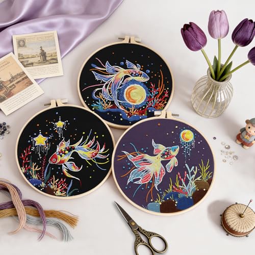 Uniartfy 3 Sets Hand Embroidery Starter Kits for Beginners Adults, Goldfish Stamped Cross Stitch Kit, DIY Needlepoint Kit with Cloth, Hoop,Threads and Instruction, Easy to Learn Embroidery Starter Kit - color: Embroidery Kit-N