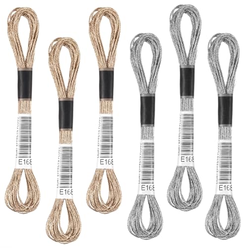 6 Skeins Metallic Embroidery Floss, Silver and Light Gold Metallic Thread for Embroidery, Friendship Bracelet String Cross Stitch Thread, Polyester Craft Yarn for Hand Embroiderys String Art DIY