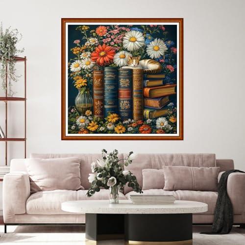 Funart Stamped Cross Stitch Kits for Beginners Full Range of Cross Stitching Preprinted Embroidery Kits for Adults, 11CT Embroidery Pattern Needlepoint Kits-Book Flowers 18x18 inch - color: ColorArt76