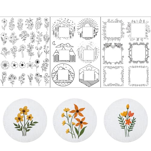 Water Soluble Embroidery Stabilizers for Hat - 3 Sheets 42 Pcs Stick and Stitch Self Adhesive Wash Away with Pre-Printed Flower Pattern for Cap Cloth Embroidery Hand Sewing Lover Beginners DIY Gifts - size: Pattern: Cap
