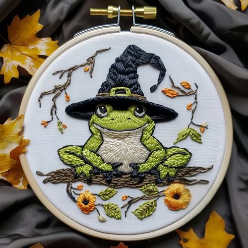 Floral Witch Hat Embroidery Kit Halloween Cross Stitch Material Set with Bat Skull Flower Pumpkin Patterns, DIY Hand Needlepoint Embroidery Craft Kit for Beginners Professional (Witchy Frog) - color: Witchy Frog