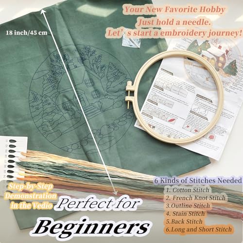 FONNUY Christmas Embroidery Kit for Beginners, Throw Pillow Case Cross Stitch Set Winter Snow House Holly Tree Pattern for Adults, Hand Works Crafts Throw Pillow Cover, 18 x 18'' (Green) - color: Green