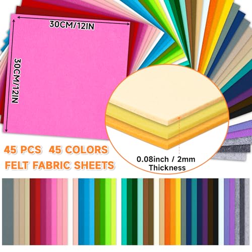 45 PCS Felt Fabric Sheets 12 x 12 Inch 2mm Craft Felt Sheets - size: 12x12in