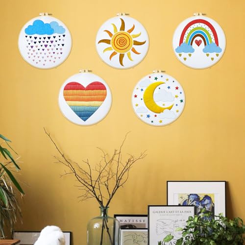 INFUNLY 5 Sets Rainbow Sun Embroidery Kits for Beginners DIY Cross Stitch Starter Sets with Instructions Heart Moon Pattern Needlepoint Kits with Embroidery Cloth Colored Threads Hoops Tools - style: Weather themes