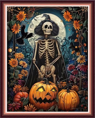 Funxvoot Stamped Cross Stitch Kits for Beginners or Adults Embroidery Starter Patterns | DIY Printed Cross Stitch Kits Needlepoint for Adults 11CT-Skeleton Moon 16x20 inch - color: color21