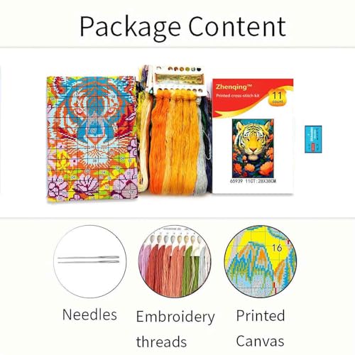Zhenqing Tiger Stamped Cross Stitch Kit for Beginners, 11CT Printed Full Coverage Tiger Face with Orange Flowers Pattern, 28 x 38 cm Wildlife Animal Embroidery Needlework Set, No Hoop Needed - color: Tiger in Bloom