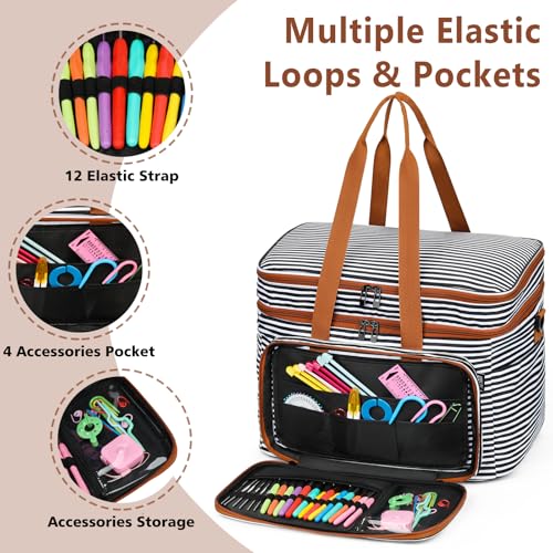 Crochet Organizer Bag with Yarn Holder, Large Yarn Storage for Accessories - color: Black Stripes
