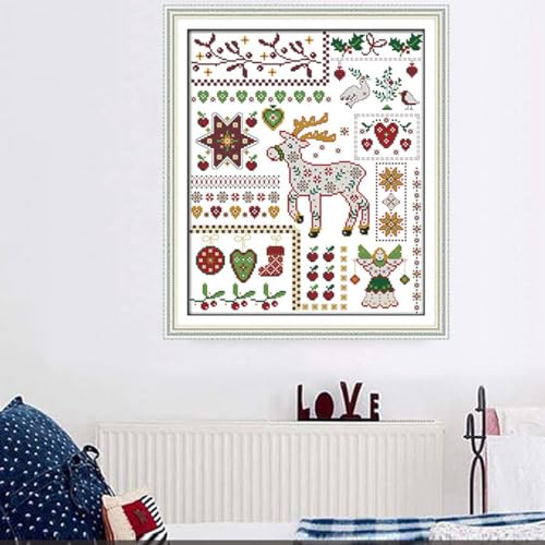Rosyfoxes Cross Stitch Kits Stamped Full Range of Embroidery Starter Kits for Beginners DIY 11CT 3 Strands - Printed kit Santa Elk with Dolls (Printed) 16.9x20.1 inches - color: Santa elk with dolls(printed)16.9x20.1inches