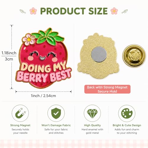 Funny Strawberry Needle Minder Magnet, Cute Magnetic Sewing Accessory with "Doing My Berry Best" Design for Embroidery, Needlepoint & Cross Stitch Projects