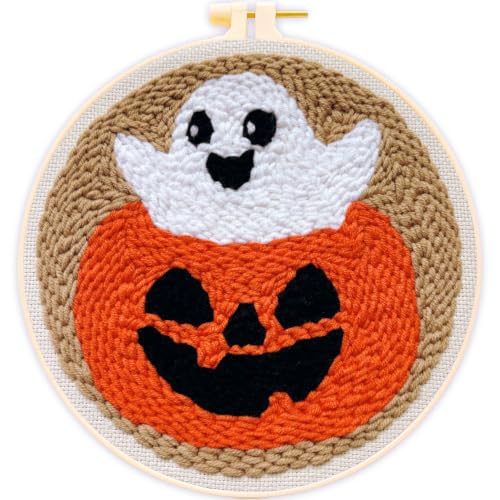 Punch Needle Kit for Beginners Adults-Pumpkin Ghost, with Embroidery Hoop - color: Punch Needle kit-Pumpkin Ghost