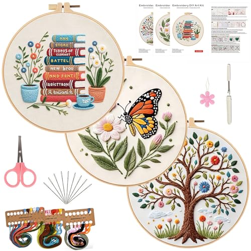 FEIYUENO 3 Sets Embroidery Stitch Kit for Beginners Adults (Tree Book) - color: Book Tree