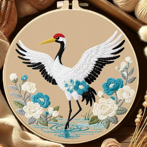FREEBLOSS 4 Set Embroidery Kit Animals Pattern Stamped Embroidery Starter Kit with Step by Step Instructions, Colored Threads, 2 Hoops, Needlepoint Kits for Hand Craft Lovers Gift, 30cm/11.8inch - style: Birds&Flowers
