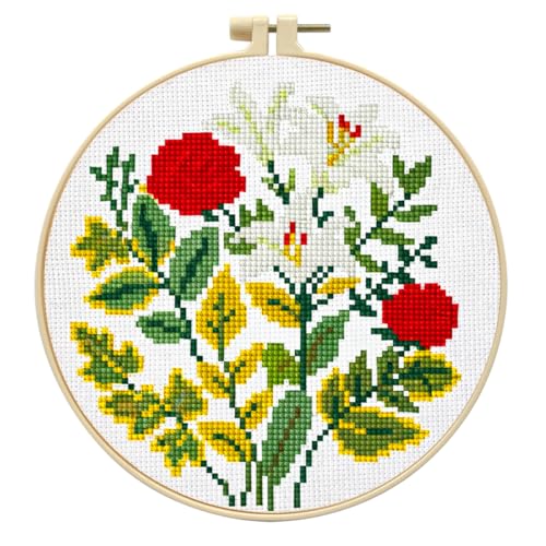 Zhenqing Rose and Lily Cross Stitch Kit for Beginners - 11CT 24x24cm Pre-Printed Pattern with Embroidery Hoop, Threads & Tools, Floral Design(70519) - color: Rose and Lily