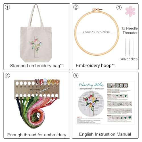 Louise Maelys Cross Floral Embroidery Kit for Beginners Canvas Tote Bag - color: cross lily