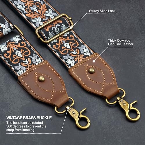 Nefelibata Banjo Strap,2"Wide Double Crazy Horse Leather Jacquard Embroidery Strap Adjustable Replacement,Multi-pattern Strap With Metal Clips - color: A#-embroidery Yellow