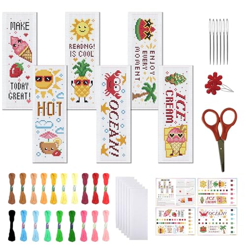 FREEBLOSS 6 Set Cross Stitch Bookmark Kits for Beginner Cartoon Summer Stamped Cross Stitch Kit DIY Embroidery Bookmark Kit with Instructions 8'' x 2.4'' - style: Cartoon Summer