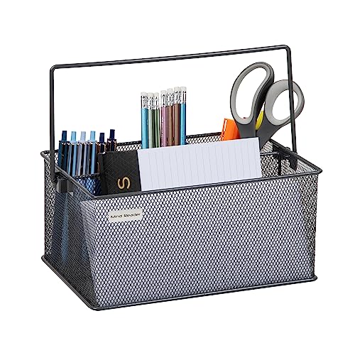 Mind Reader Multi-purpose Storage Caddy with Handle, Desktop Organizer, Cutlery Holder, 4 Compartments, Metal Mesh, Gray - color: Gray, size: Single