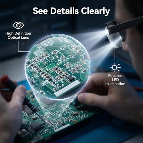 160% Hands-Free Magnifying Glass with Light - Rechargeable LED Illuminated Head Magnifier, Flip-Up Design | Perfect for Reading, Repair, Crafts & Close Work (Black)