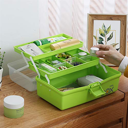 Kinsorcai 12'' Three-Layer Clear Plastic Storage Box/Tool Box, Multipurpose Organizer and Portable Handled Storage Case for Art Craft and Cosmetic (Green) - color: green, size: 1PCS