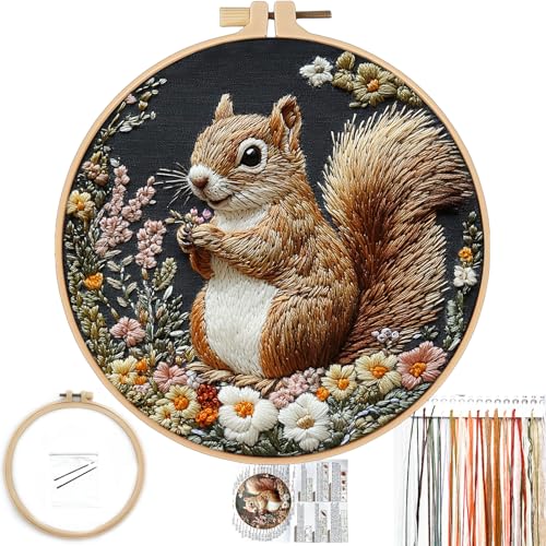 FONNUY Funny Squirrel Floral Embroidery Kit, Cross Stitch Kits for Beginners, Handmade Crafts with Printed Patterns for Beginner Adults, Color Thread Needlework, 8'' Hoop (Smart) - color: Smart