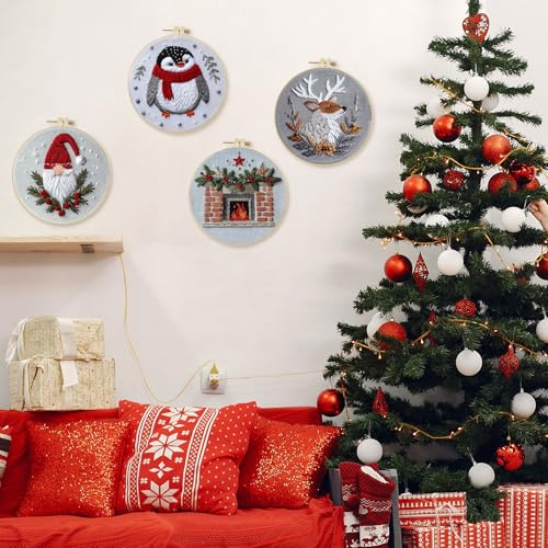 LB Christmas Gnome Embroidery Kit for Beginners: 4-Piece Cross Stitch Set with Penguin, Deer, Green Plant & Fireplace | Adults DIY Starter Kit Includes Hoop, Threads, Tools and Instructions - color: Grey