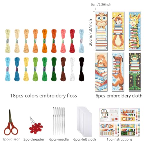 FREEBLOSS 6 Set Cross Stitch Bookmark Kit 11 CT Stamped Cross Stitch Kit DIY Embroidery Bookmark Kits for Adult Beginners with Instructions, Animal Books, 6 x 20 cm/8" x 2.4" - style: Animal&Books