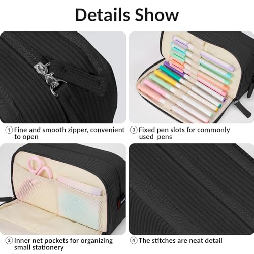 Sooez Big Capacity Pencil Case Pen Pouch, Soft Corduroy Pencil Bag - color: Black