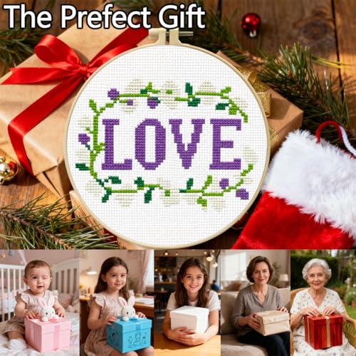 Zhenqing Love Word Cross Stitch Kit for Beginners, 11CT Printed 20x20cm with 16cm Hoop, Purple & Floral Embroidery Set(70835) - color: LOVE