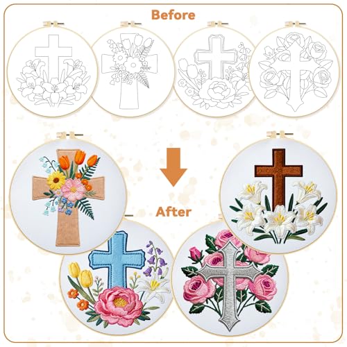 BEUNITONE 4Set Cross and Flowers Pattern Embroidery Kit for Adult Beginners - style: D-Cross Flower