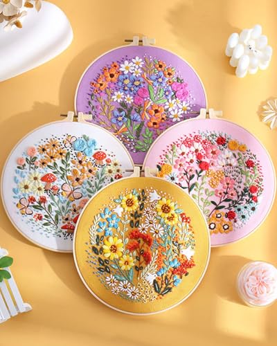 ERKOON 4 Sets Embroidery Kit for Beginners,Hummingbird and Flower Cross Stitch Set for Include Embroidery Cloth Hoops Threads for Craft Lover Hand Stitch (Flower) - color: Flower