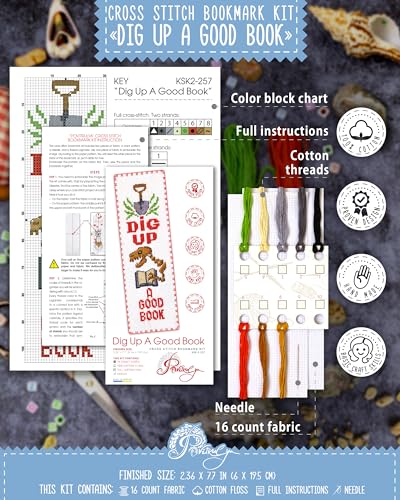 Povitrulya Counted Cross Stitch kit Dig Up A Good Book - Embroidery Set for DIY Bookmark with 16 Count Blank Aida Fabric, Paper Pattern and presorted Floss - color: Dig Up A Good Book