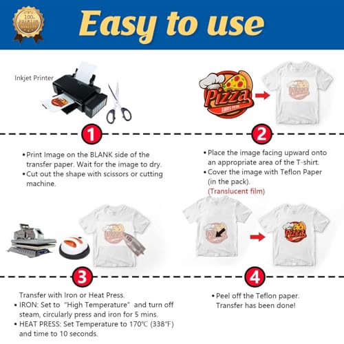 TransOurDream Heat Iron on Transfer Paper for Light T Shirts (200 Sheets, 8.5x11", 2.0) Printable HTV Heat Transfers Vinyl for Inkjet Printer, Iron on Transfers for Light Fabric - color: Light, size: 200 Sheets