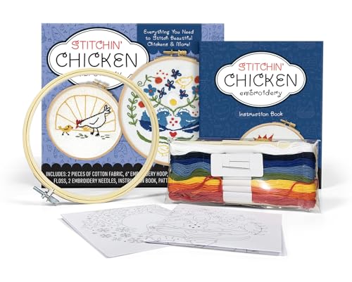 Stitchin' Chicken Embroidery Kit: Includes Cotton Fabric, 6” Embroidery Hoop, Embroidery Floss, 2 Embroidery Needles, Instruction Book, Pattern Transfer Sheets