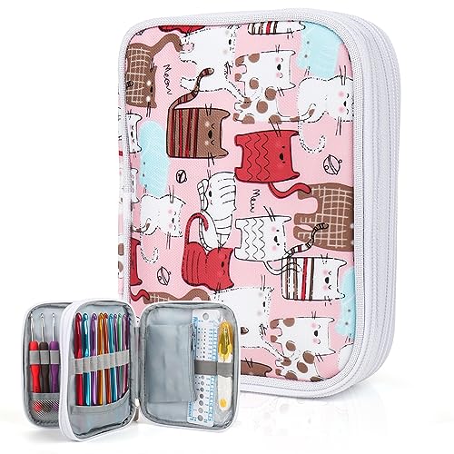 Katech Crochet Hooks Case Empty Zipper Bags Portable Travel Crochet Storage Bag Organizer with Web Pocket and Crochet Holder Slots for Carrying Various Crochets Needles (Pink) - color: Pink Cat