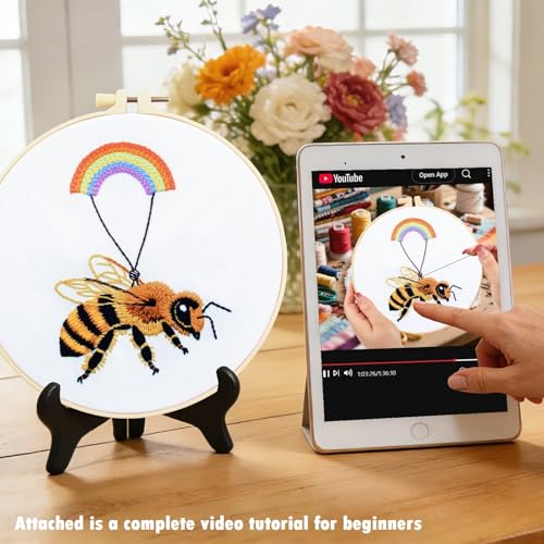 Crafmanoe Cute Bees Embroidery Kits for Beginners Adults, Hand Embroidery Starters Kits, Stamped Cross Stitch Kits DIY Needlepoint Kits for Beginners Adults, Embroidery Hoop, Thread and Video Tutorial - color: H2079