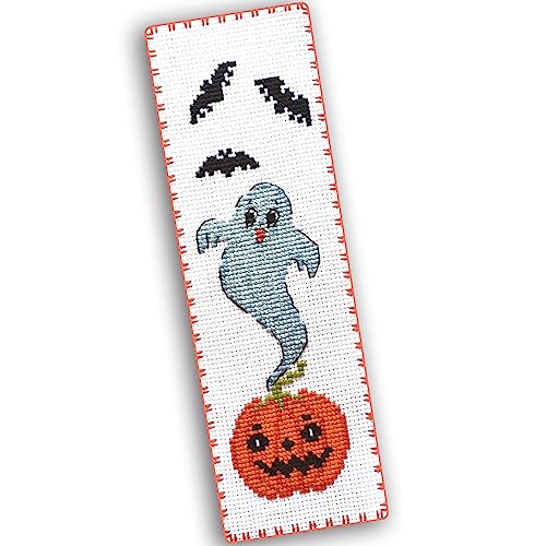 Povitrulya Counted Cross Stitch Bookmark Kit 'Pumpkin Ghost' - DIY Embroidery Set for Adults - color: Ghost