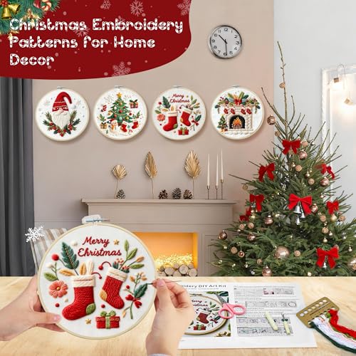 QCCTPUU 4 Sets Christmas Embroidery Kits, Beginner Embroidery Kit for Adults, Cross Stitch Kits for Beginners with Hand Embroidery Tools(Instructions, Needles, Threads - color: 4 Set Christmas