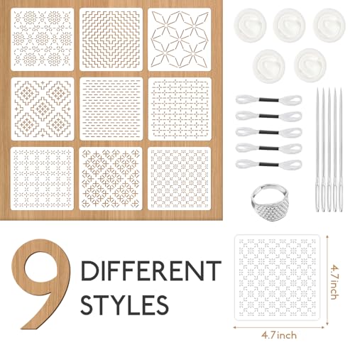 Sashiko Stencil Kit 4.7 x 4.7 Inch Plastic Sashiko Kit with Sashiko-Thimble and Needles Quilting Stencils for Hand Quilting and Embroidery (25 Pcs)