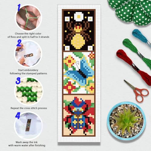 BEUNITONE 6 Pcs Insects Cross Stitch Bookmark Kits for Beginners Bookmark with Butterflies Dragonflies Pattern Counted Cross Stitch DIY Stamped Embroidery with Instructions for Book Lover 8''x2.4'' - style: Triple Grid Mixed
