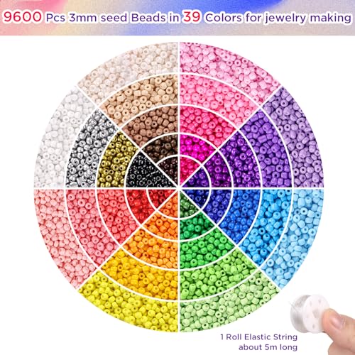 Funtopia 39 Colors 3mm Seed Beads, 9600pcs Small Beads for Jewelry Making, Tiny Craft Beads for Bracelet Making - color: Solid Color, size: 3mm
