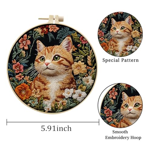 LB Orange Cat Embroidery Kit for Beginners Adults, 3 Sets Hand Embroidery Starter Kit with Floral Pattern and Instructions Stamped Cross Stitch Kits Include Embroidery Hoop Needles Threads Scissors - color: Orange Green